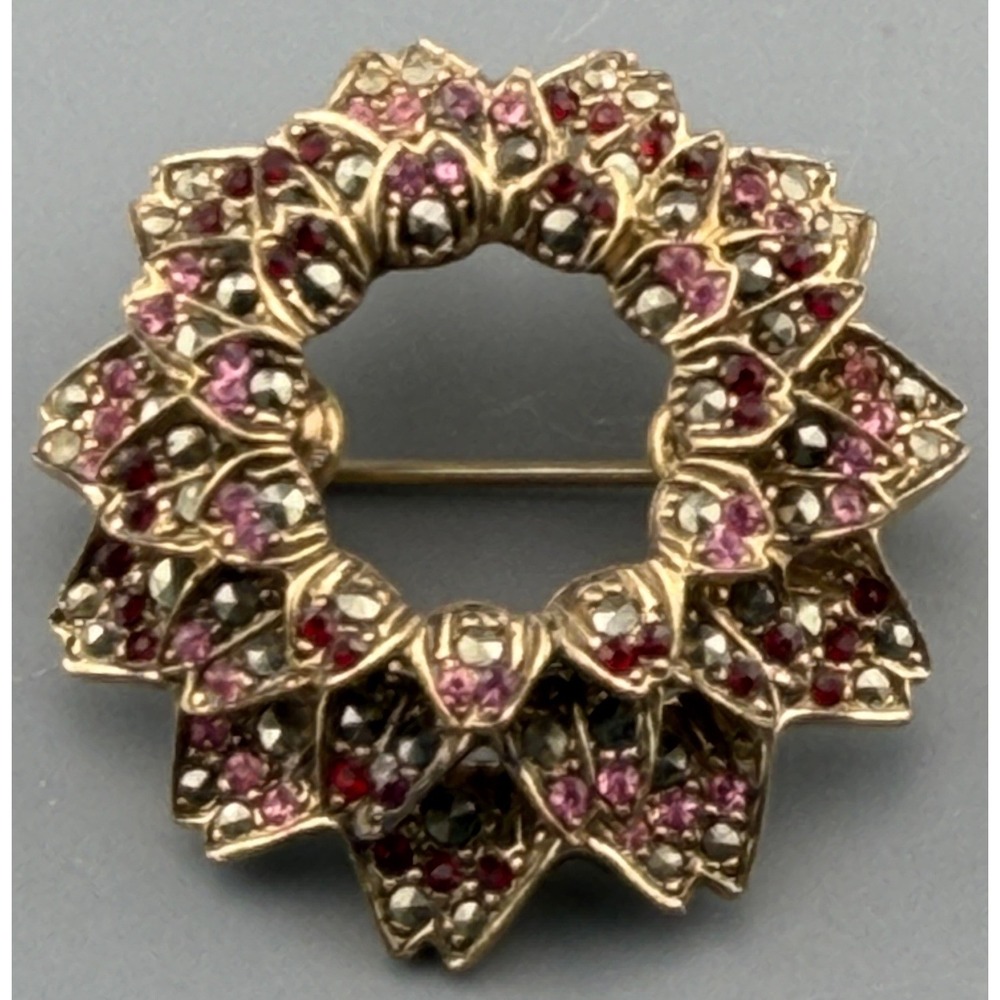 Vintage Les Bernard Brooch Pink Red Rhinestone Marcasites Dimensional Floral